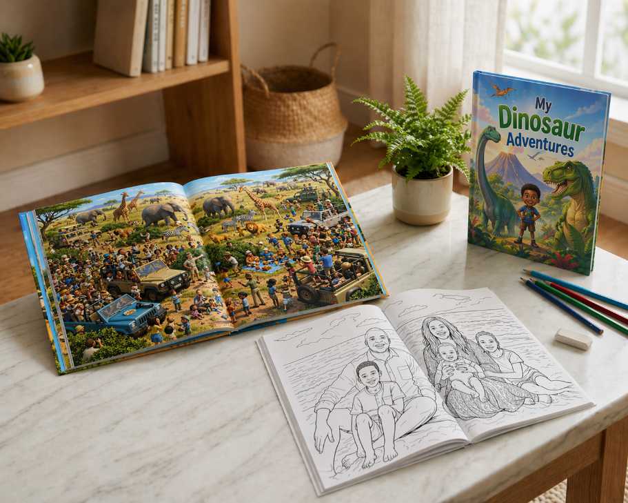 Premium bundle with hardcover storybook, softcover colouring book and hardcover find my family book