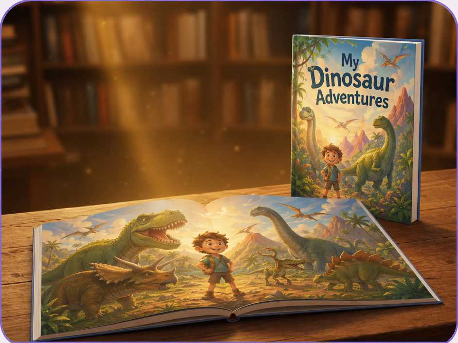 Open hardcover personalized storybook with Pixar-style illustrations
