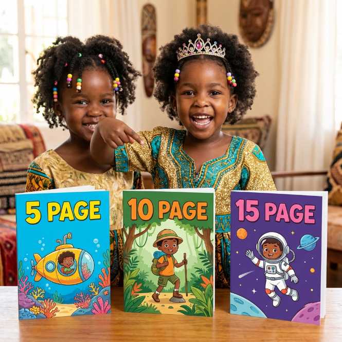 Pixar-style child looking at books of different sizes
