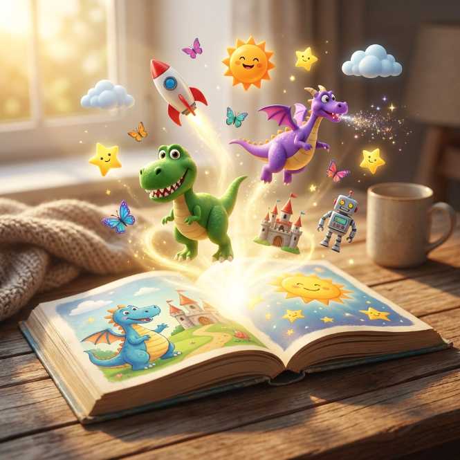 Pixar-style child hugging a freshly-created glowing storybook