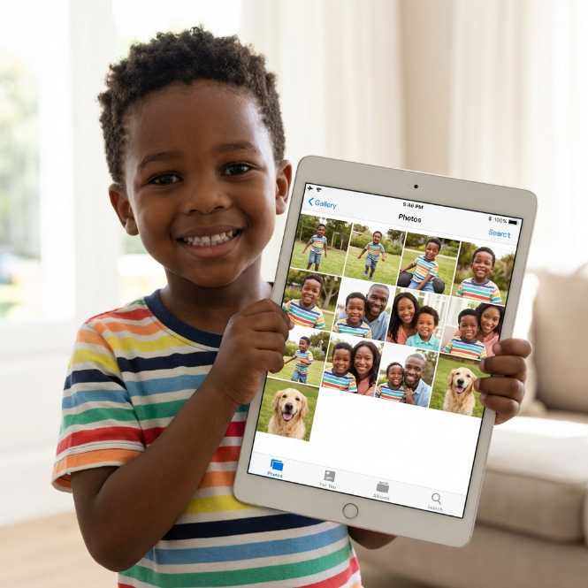 Pixar-style child excitedly holding up photos